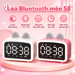 Loa Bluetooth Mini Hình Mèo, Đồng Hồ Số, Màn Hình Gương LED, Báo Thức, Đèn Ngủ Tiện Lợi