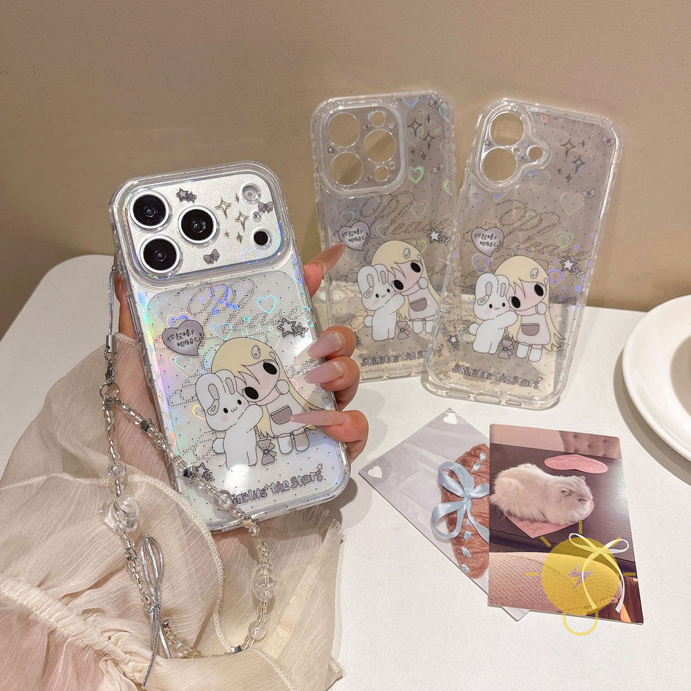 Phone Case For iPhone 17 Pro Max 16 15 TPU Keychain Chain Rabbit Polka Dot Heart Laser Aesthetic Korean Cute