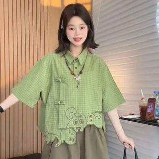 Dễ Thương Sáng Tạo Viền Mèo Thêu Áo Sơ Mi Tay Ngắn Hoạt Hình Ngoại Vi Không Đều Placket Rời Thường Ngày Nữ Top