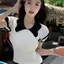 AA Mùa Hè Peter Pan Cổ Rỗng Ve Áo Màu Sắc Tương Phản Áo Vỏ Ngắn Tay Dệt Kim Áo Thun Nữ VN