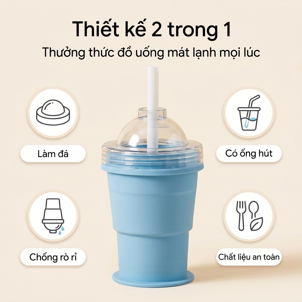 Cốc silicon gấp gọn, chất liệu thực phẩm chống rò rỉ kèm ống hút, dung tích lớn,cốc làm đá đa năng