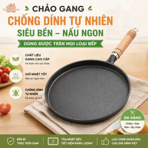 chảo gang chống dính đáy dày tay gỗ cách nhiệt rán bánh xèo bít tết bếp từ đa năng