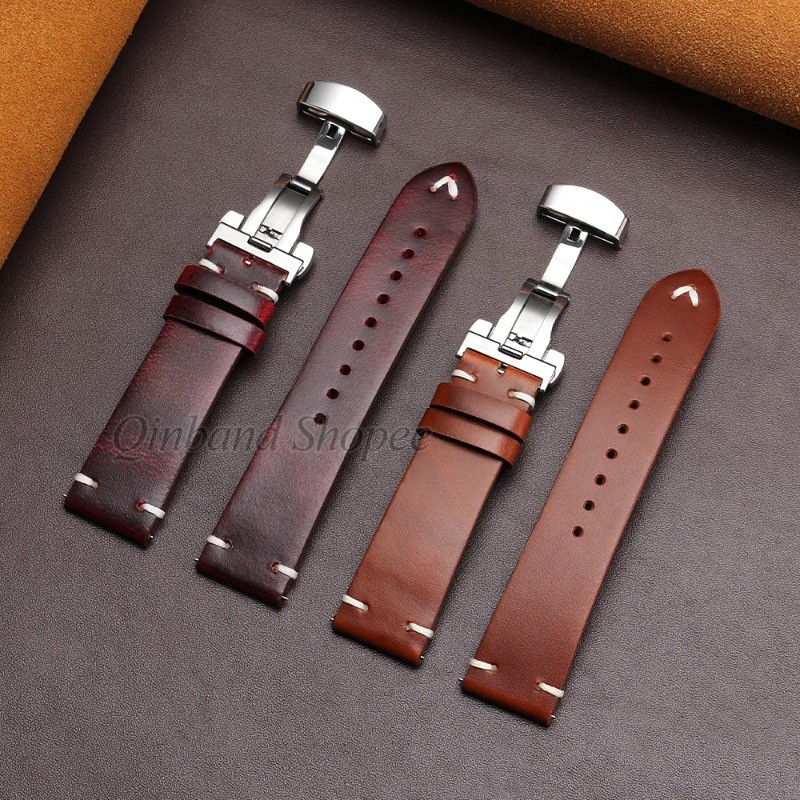 Bướm Khóa - Vintage Sáp Dầu Da Thật Dây Đeo Đồng Hồ 18mm 20mm 22mm Phát Hành Nhanh Dây Đồng Hồ Thay Đổi Màu Sắc Kinh Doanh Vòng Tay Da Bò Cho Nam Nữ