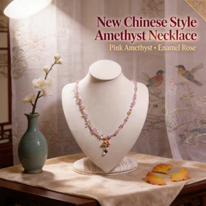 Vòng cổ mặt dây chuyền hoa hồng thạch anh tím Chip dành cho nữ - Chip thạch anh tím hồng-Màu vàng-Enamel Rose-Dark Bead-New Style