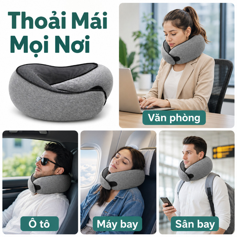 Gối Cao Su Non  Cao Cấp - Thiết Kế Công Thái Học, Hỗ Trợ 360° Bảo Vệ Cột Sống Cổ, Hoàn Hảo Cho Du Lịch & Làm Việc