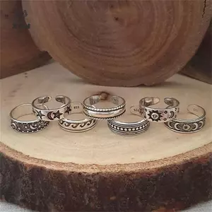 7 Chiếc Vintage Rỗng Khắc Sao Mặt Trăng Ngón Chân Bộ Dụng Cụ Nhẫn Mở Ngón Tay Có Thể Điều Chỉnh [Mina]