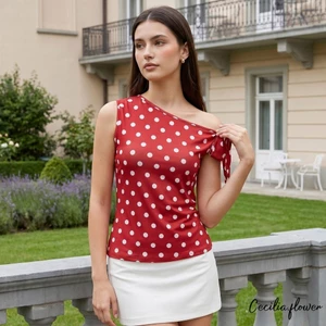 Áo ba lỗ một vai họa tiết chấm không tay có dây buộc bên hông áo Vest vừa vặn