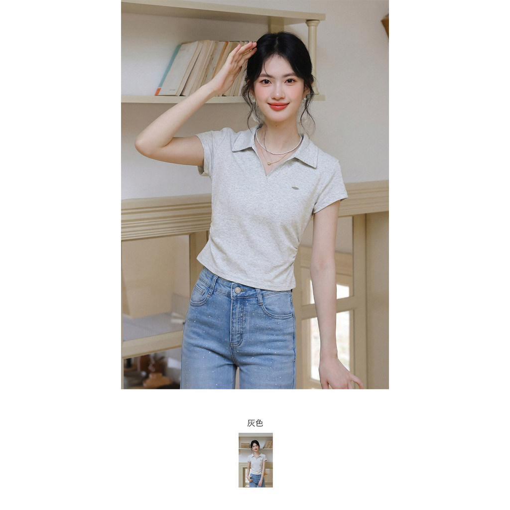 Mutu Phong Cách Hàn Quốc Màu Xám polo Cổ Áo Thun Tay Ngắn Phong Cách Mới Nữ Nhỏ Slim-Fit Ôm Hơn Nhìn Ngắn Top TU344