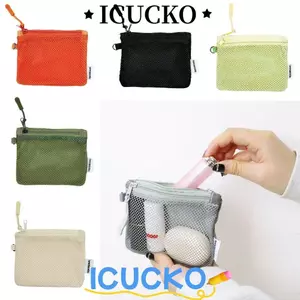Túi đựng mỹ phẩm lưới ICUCKO, Túi đựng đồ vệ sinh màu Dopamine, Ví đựng tiền xu màu kẹo dung tích lớn hai lớp