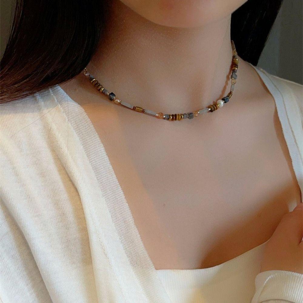 Vòng cổ đá mắt hổ Hobbyin, đính cườm thủy tinh nhân tạo, thiết kế cổ điển dành cho nữ