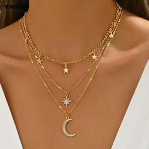 Vòng cổ mặt trăng SMILE Pentagram, Vòng cổ nhiều lớp chống dị ứng Colorfast, Vòng cổ nhiều lớp hợp kim dát kim cương Trang sức chuỗi Choker