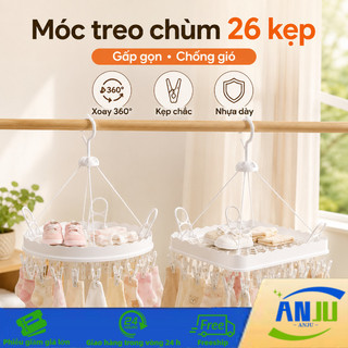 Móc phơi đồ 26 kẹp nhựa PP dày, khóa chống gió xoay 360°, dùng cho tất/đồ lót/khăn/quần áo nhỏ