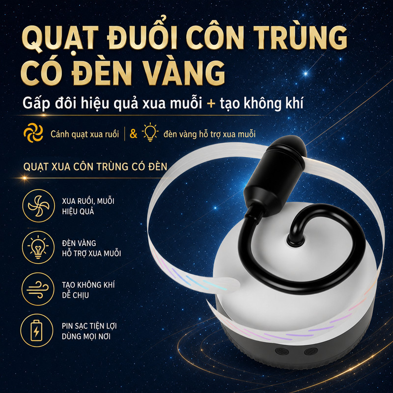 Quạt Bàn Đuổi Muỗi – Đèn Vàng, Cánh Mềm, Pin AA, IPX4 Dùng Nhà Hàng Ngoài Trời & Cắm Trại