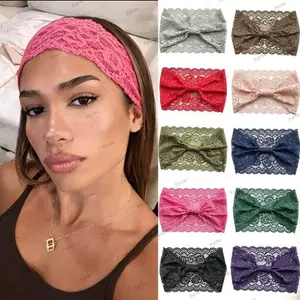 Băng đô ren PYCOU, Băng đô co giãn họa tiết hoa màu trơn, Phụ kiện tóc ren hoa rỗng