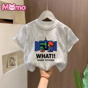 Áo ngắn tay sequin in họa tiết hoạt hình Mario thời trang cho bé trai và bé gái