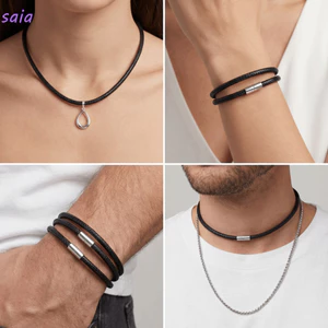Vòng cổ dây da SAIA, Vòng cổ dây bện màu đen 45cm, Mặt dây chuyền tự làm cổ điển chống thấm nước có khóa Dây chuỗi dây dây chuyền Phụ kiện làm đồ trang sức