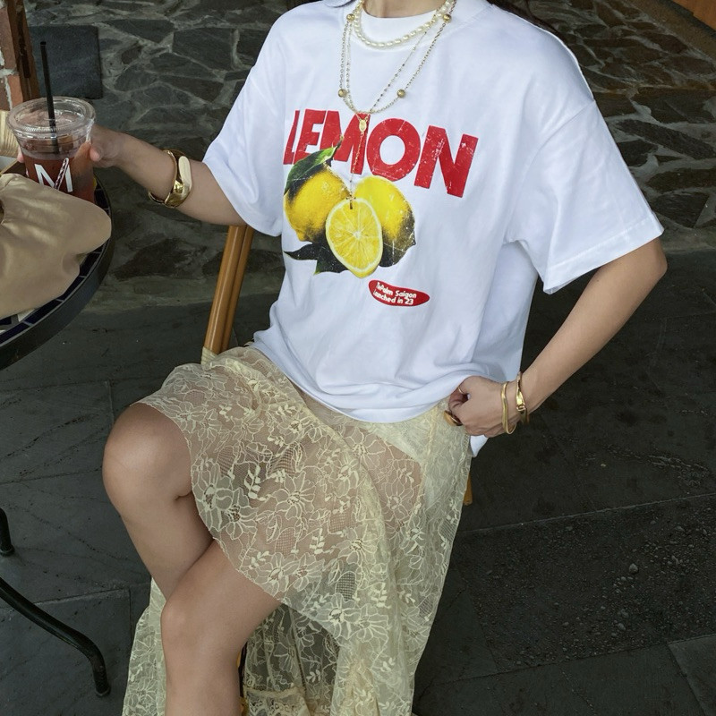 （Giao hàng 24h）Angela - Áo Thun Nữ Trái Cây Màu Trắng UNISEX "CHANH" Oversize -Áo phông thời trang mùa hè 100% cotton