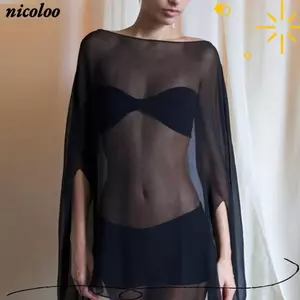 NICOLOO Smock Top, Voan Loose Fit Nhìn xuyên thấu, Cổ chữ O thanh lịch Quá khổ màu trơn dài tay che đậy kỳ nghỉ đi biển