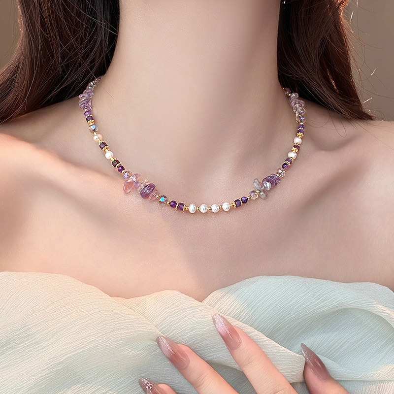 Vòng cổ pha lê tím ngọc trai sang trọng nhẹ nhàng