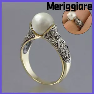 MERIGGIARE Nhẫn Ngọc Trai Trắng Đính Hôn Khắc Trang Sức Vintage