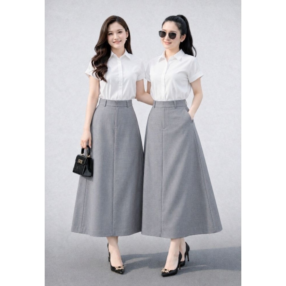Chân Váy Dài Nữ Dáng Xòe Basic Thanh Lịch – Váy Midi Công Sở Hàn Quốc Nhiều Màu Dễ Phối Đồ