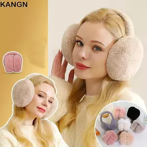Máy sưởi tai sang trọng KANGN, Bịt tai mùa đông ấm áp bảo vệ lạnh, Bông tai màu trơn dày gấp dễ thương dành cho nữ
