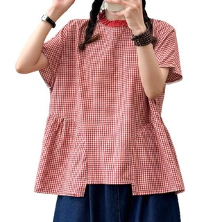 [Sẵn] Áo sơ mi nữ cổ ren cổ điển, caro, dáng rộng tay ngắn, vải cotton linen cao cấp