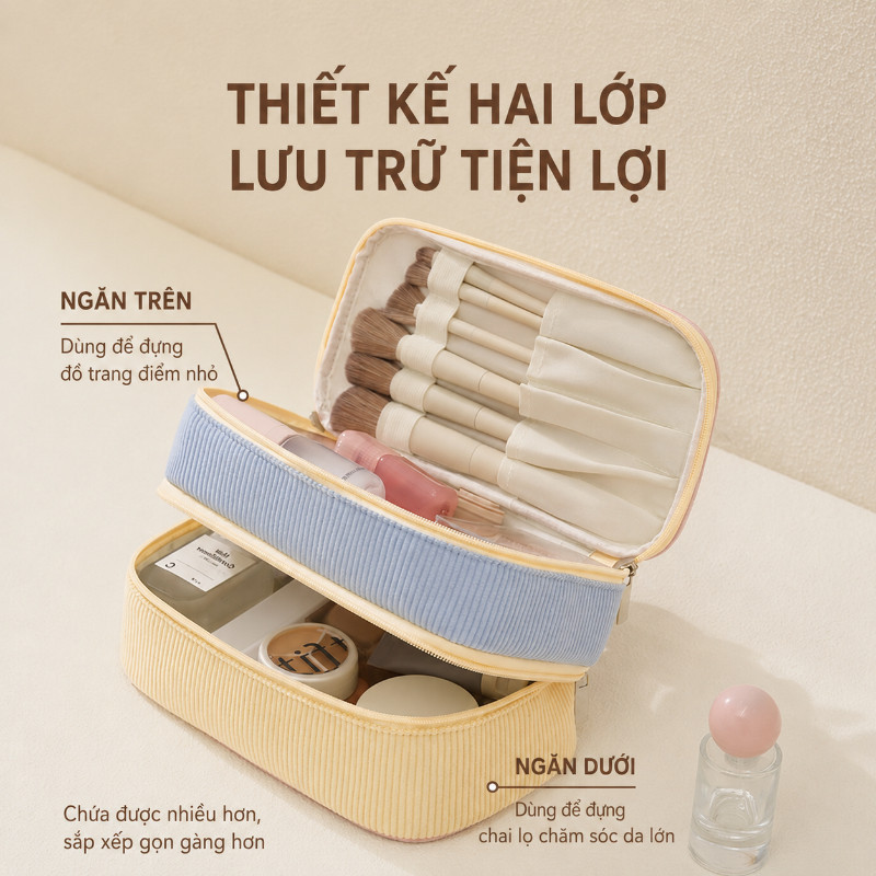 Túi Đựng Mỹ Phẩm 2 Lớp Cho Nữ, Cốp Đựng Đồ Makeup Cá Nhân Du Lịch, Dung Lượng Lớn, Dễ Mang Theo, Chất Vải Mềm Mại