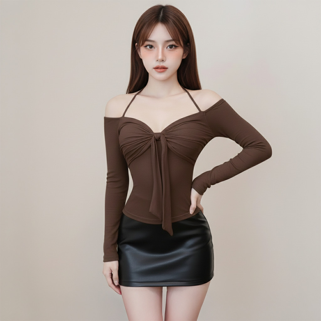 Áo Thun Nữ Trễ Vai Tay Dài Kiểu Xoắn Ngực  Phối Dây Choàng Cổ A51560