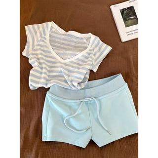 Phong Cách Lười Slim-fit Sọc Bộ Đồ Ngủ Ngắn Tay Nữ 2026 Phiên Bản Hàn Quốc Quần Short Thoải Mái Thường Ngày Loungewear Hai Bộ Đồ 0606