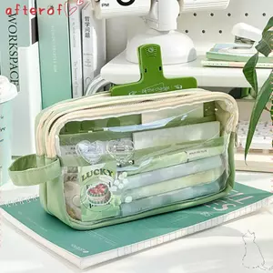 Túi đựng bút AFTEROF, Bút chì PVC trong suốt, Túi văn phòng phẩm cầm tay nhiều lớp đơn giản dành cho học sinh