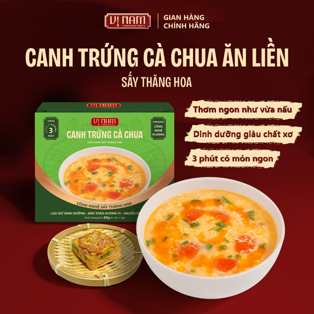 Viên sấy thăng hoa: Canh trứng cà chua - Ăn liền - Vị Nam Foods - hộp 6 viên - Tiện ích, thơm ngon
