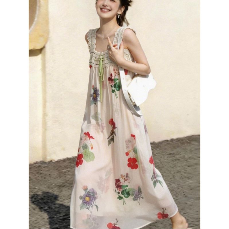 [Hàng mới về] Đầm hoa kỳ nghỉ bên bờ biển cỡ lớn hai lớp Váy dài Niche đẹp hơn