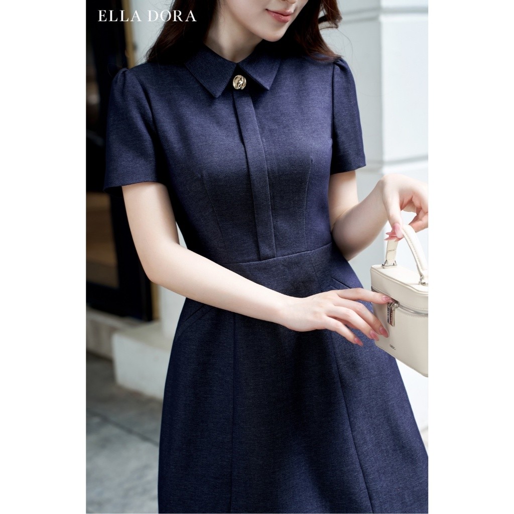 Đầm công sở ELLA DORA thiết kế 1 cúc đồng dáng ngắn thanh lịch hiện đại dễ mặc màu XANH ĐẬM [D245]