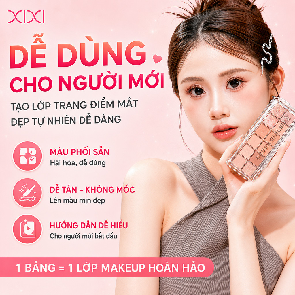 XIXI Bảng Phấn Mắt 12 Ô Tông Nâu Cam, Nhũ Mịn, Lên Màu Chuẩn, Dễ Tán, Lâu Trôi, Hợp Tân Thủ D820