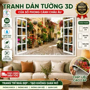 Tranh Dán Tường 3D Cửa Sổ Hoa Châu Âu, Trang Trí Nhà Đẹp Sang Trọng, Không Gian Mở (DT10)