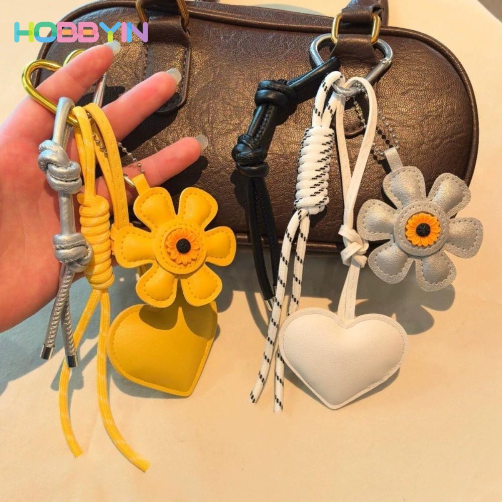 Móc khóa trái tim hướng dương HOBBYIN, Dây dệt dây buộc Túi da phong cách mùa hè tươi mát Mặt dây chuyền, Quà tặng Vòng chìa khóa thủ công Túi đeo tua rua Boho Túi xách nữ