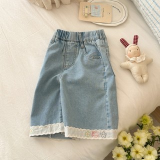 Mùa Hè Mỏng Phong Cách Thoáng Khí Bé Gái Denim Crop Quần Bé Gái Ren Trang Trí Co Giãn Eo Trẻ Em Rời Quần Thường Ngày