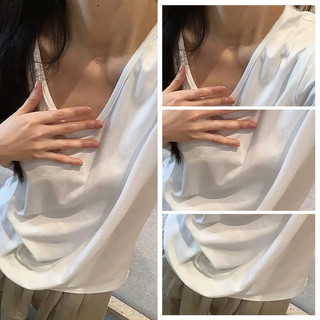 Áo thun nữ tay ngắn cổ chữ V dáng rộng, màu trơn, thích hợp mặc riêng hoặc mặc nhiều lớp.