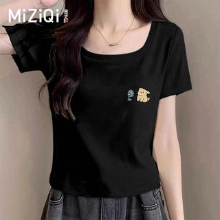 [MIZIQI] Áo thun ngắn tay cổ vuông Cotton nguyên chất dành cho nữ, áo thun ngắn nữ tính hơn