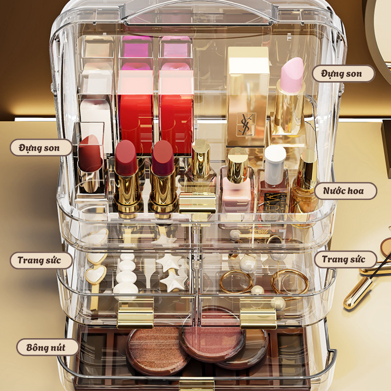 Tủ Đựng Mỹ Phẩm HomeMate Trong Suốt Acrylic Có Tay Cầm, Kệ Makeup Nhiều Ngăn Có Nắp Chống Bụi Cao Cấp