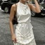 MAPLEPOET-Nữ Dây Cổ Satin Tank Áo Không Tay Mở Lưng Màu Trơn Thắt Lưng Thắt Lưng Áo Vest Mùa Hè