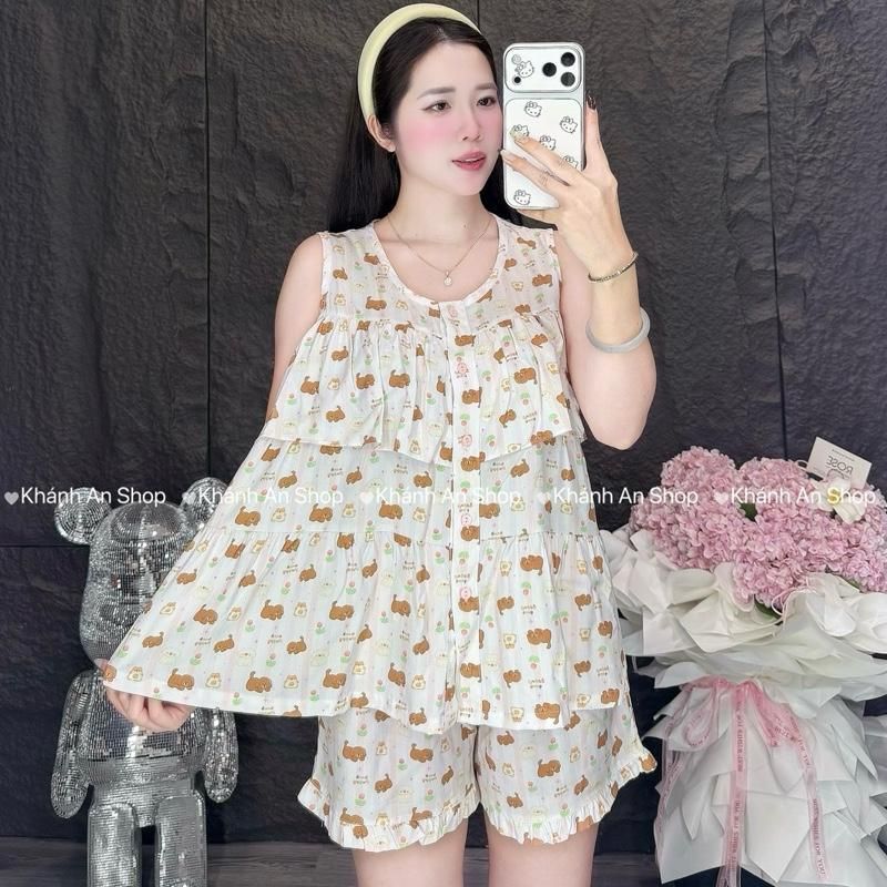 SA.Le KA124- Đồ Bộ Tole Lanh Nữ  Mặc Nhà Áo Sát Cánh Tầng Quần Đùi Size 40-80kg Hoạ Tiết Hoa Hình D5