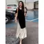 Áo thun khâu màu tương phản cỡ lớn Váy nữ mùa hè Phong cách mới béo mm dáng rộng mỏng hơn trông sang trọng Trượt tuyết