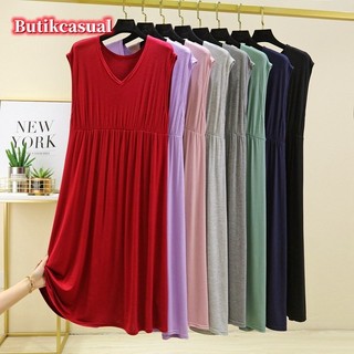 Váy cotton modal mùa hè 2023 không tay cổ chữ V, xếp ly dáng rộng dài vừa phải, trơn, phong cách nữ thường ngày