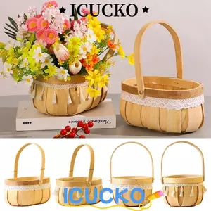 Giỏ hoa bện ICUCKO, Giỏ cắm hoa bằng gỗ tua rua ren, Dệt tay sáng tạo chắc chắn có tay cầm Giỏ lưu trữ Cửa hàng hoa