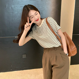 Áo thun ngắn tay sọc nữ dáng rộng mùa hè thường ngày dành cho sinh viên cổ tròn thiết kế cổ điển