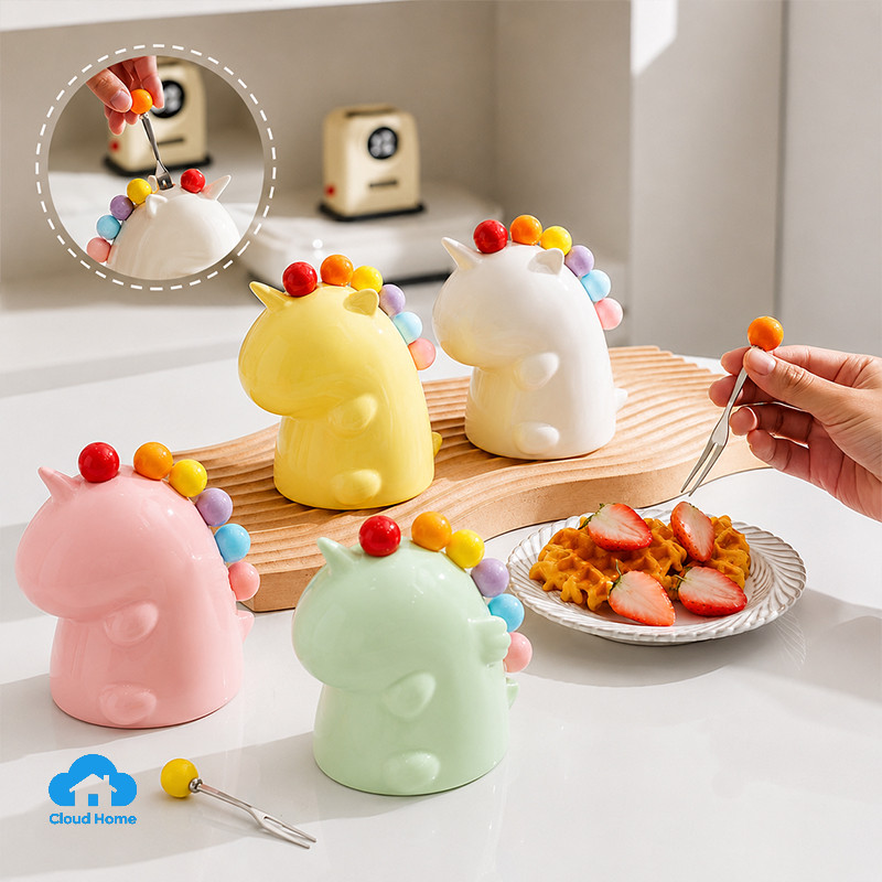 🌤️COD🌤️Bộ nĩa ghim trái cây hình kì lân nhựa, decor trang trí bếp, bàn ăn - nĩa inox 410 cao cấp