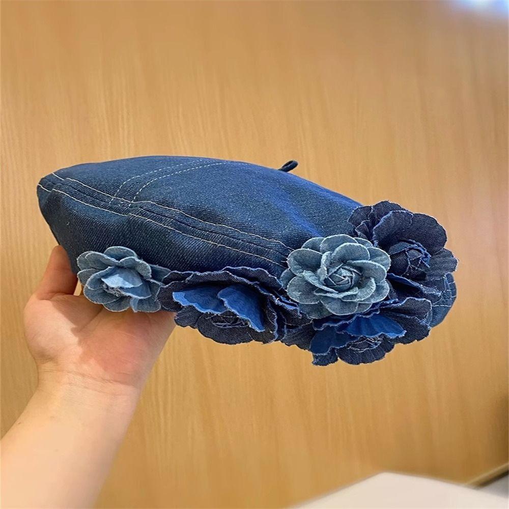 [Demo3] Mũ Họa Sĩ Cotton, Mũ Nồi Lông Tơ Camellia Hợp Thời Trang, Mũ Nồi Hoa Thường Ngày Xuân Hè Màu Denim