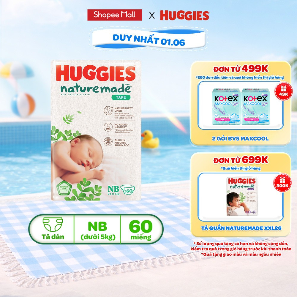 Tã/Bỉm dán sơ sinh Huggies NatureMade NB60 (dưới 5kg)/S82(4-8kg) /M64(6-11kg)/L54/XL44